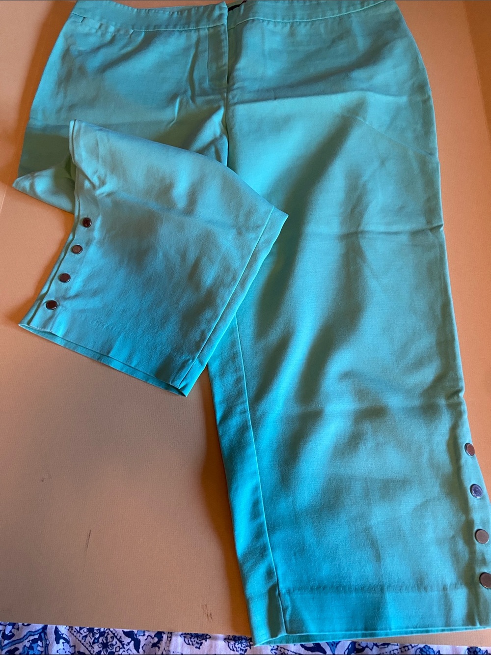 Aqua Button Hem Straight Capris